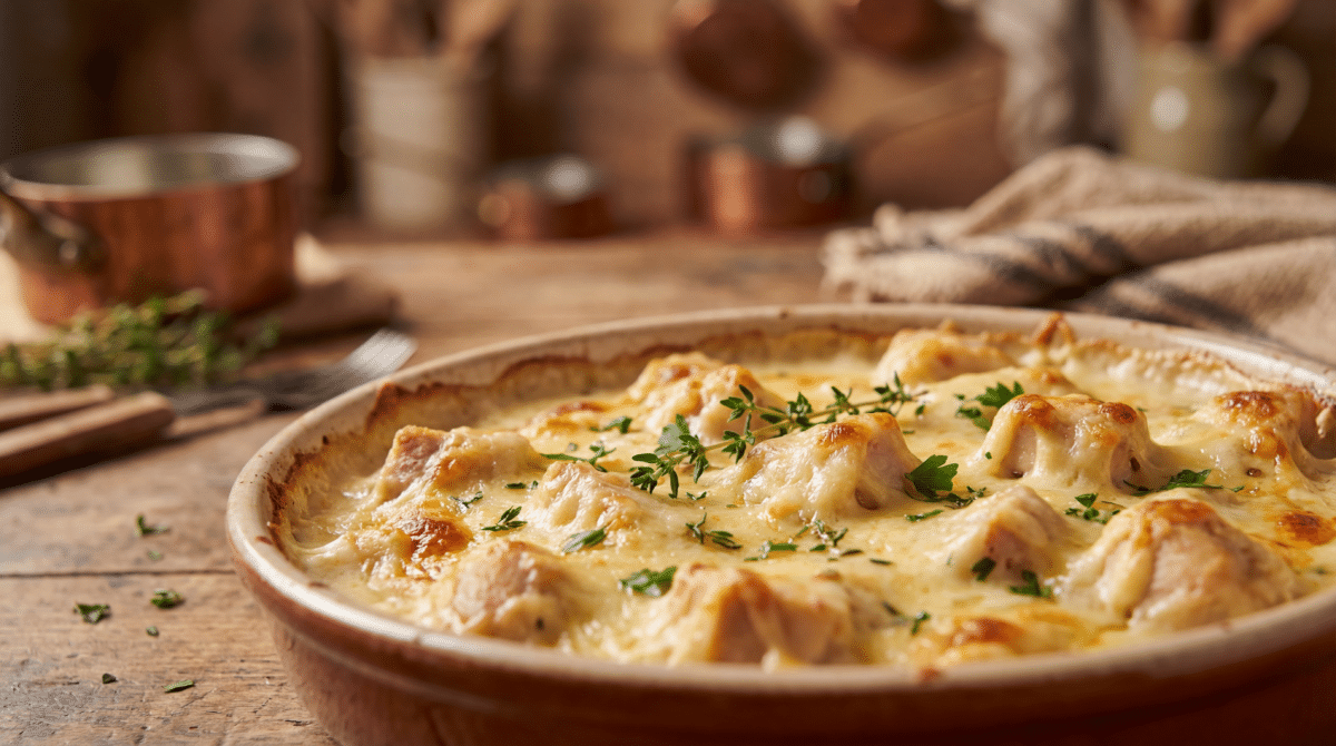 Blanc de poulet en gratin crémeux : un plat réconfortant qui rappelle les repas d’hiver chez grand‑mère