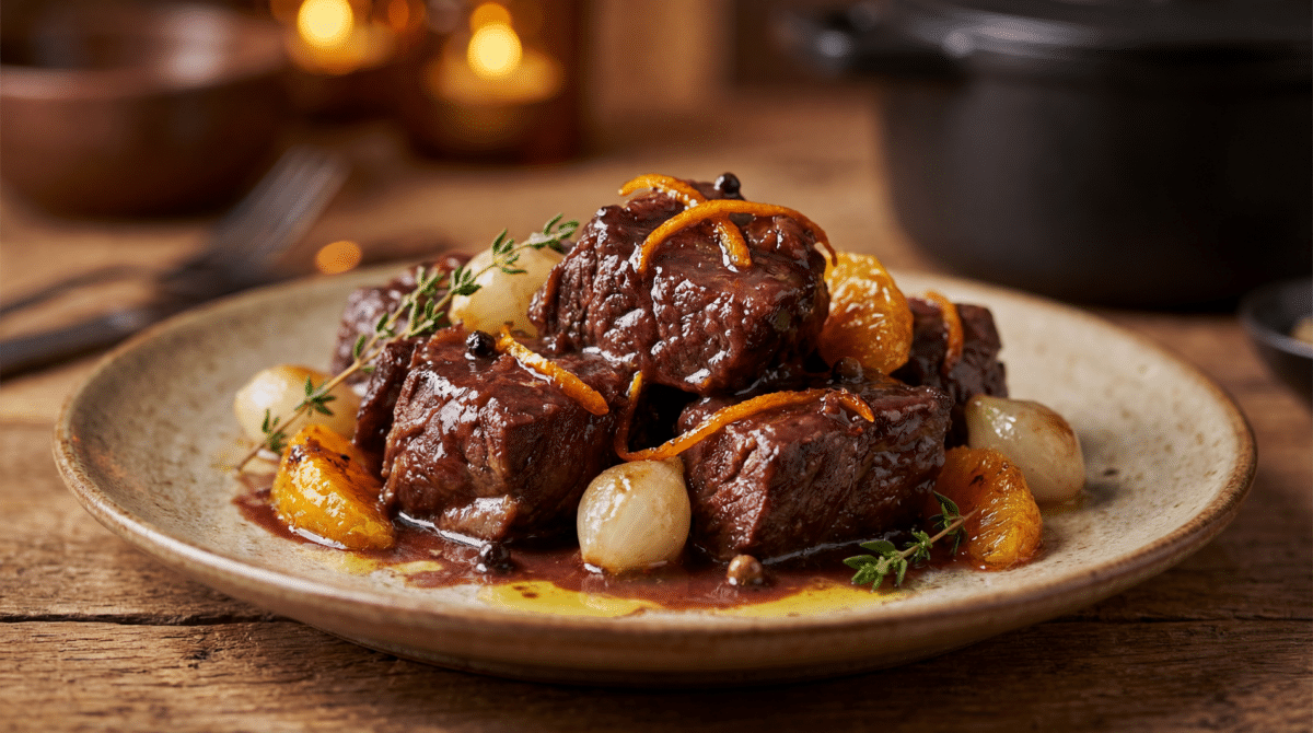 Bœuf confit à l’orange et au vin rouge : une cuisson lente pour une viande ultra fondante et parfumée