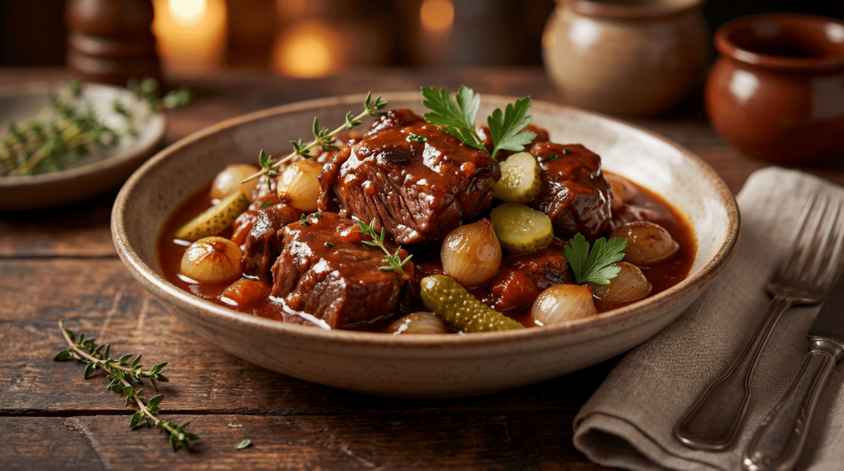 Jarret de bœuf mijoté en cocotte : viande ultra fondante, sauce tomate-moutarde aux cornichons croquants