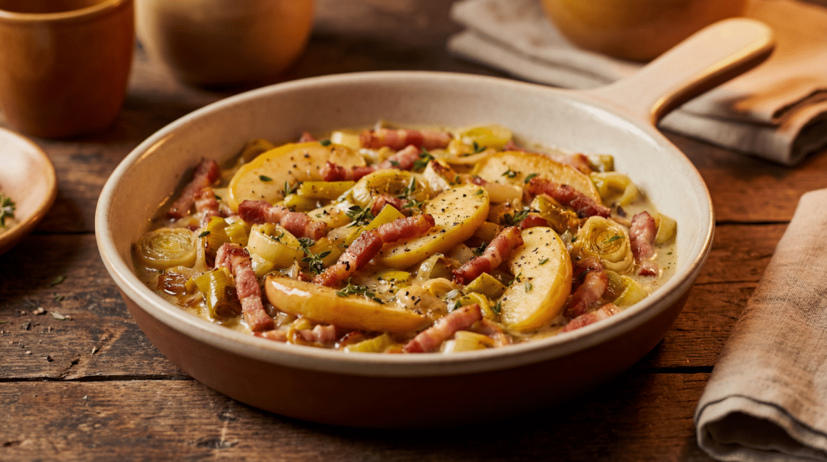 Poêlée fondante de poireaux aux pommes et lardons fumés