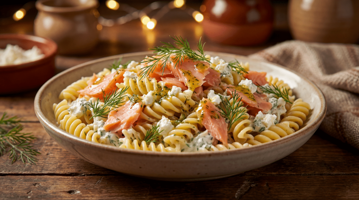 Saumon fumé et pâtes froides au chèvre et aneth : une salade crémeuse, citronnée et ultra fraîche pour l’été